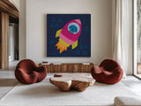 Space Tails VI by Lindley Wiesner. Shown as extra-large giant wall art in a modern living room. Available as an archival giclee rolled canvas, fine art paper, or poster print. SKU 98270a.