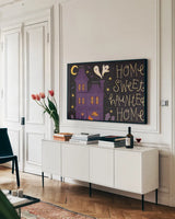 Spooky Pals I by Lindley Wiesner. shown as a framed stretched canvas in a living room above a console. Available as a archival giclee rolled canvas, fine art paper, or poster print. SKU 99468i.