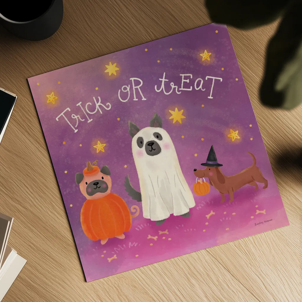 Spooky Pals IV by Lindley Wiesner. Shown as a detailed flat fine art print, highlighting archival giclee quality. Available as an archival giclee rolled canvas, fine art paper, or poster print. SKU 99471a.