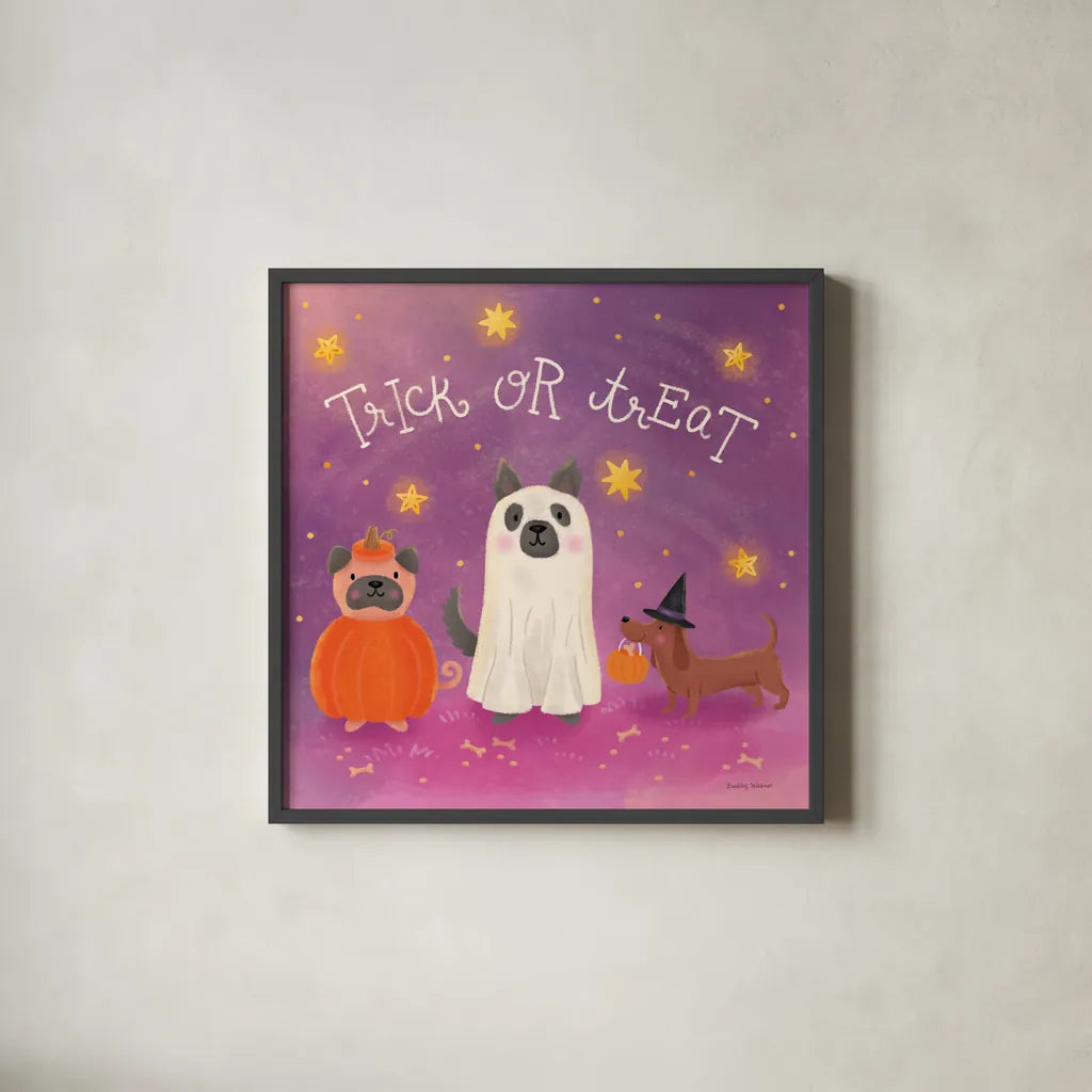 Spooky Pals IV by Lindley Wiesner. Shown in a sleek black glass frame for a contemporary gallery look. Available as an archival giclee rolled canvas, fine art paper, or poster print. SKU 99471a.