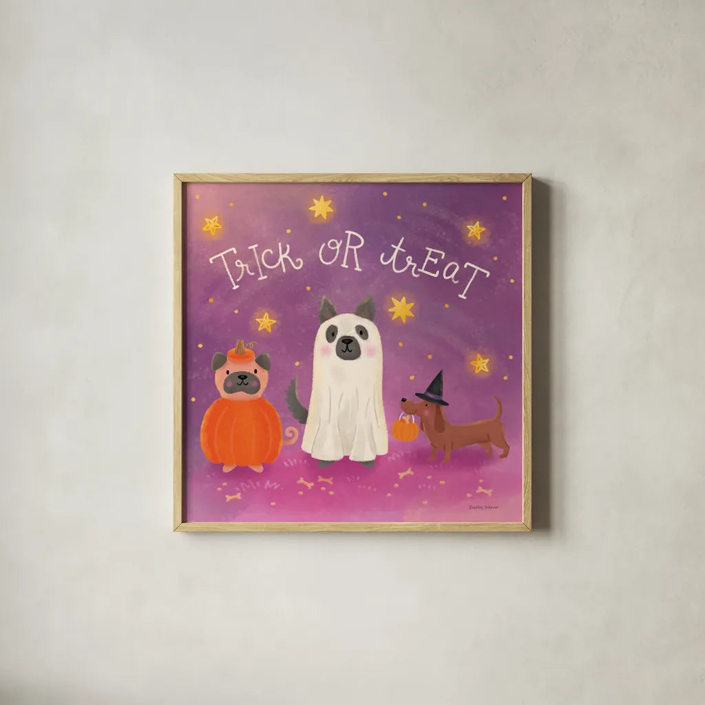 Spooky Pals IV by Lindley Wiesner. Shown in a natural wood glass frame for a timeless modern aesthetic. Available as an archival giclee rolled canvas, fine art paper, or poster print. SKU 99471a.