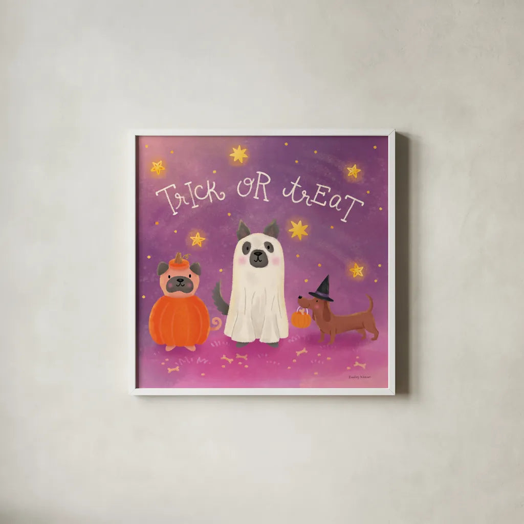 Spooky Pals IV by Lindley Wiesner. Shown in a crisp white glass frame for a clean and minimalist style. Available as an archival giclee rolled canvas, fine art paper, or poster print. SKU 99471a.