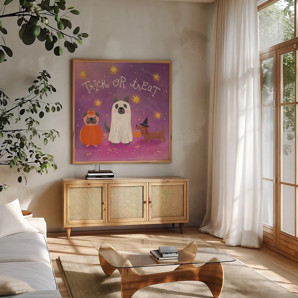 Spooky Pals IV by Lindley Wiesner. Shown in a natural wood frame in a cozy modern living room. Available as an archival giclee rolled canvas, fine art paper, or poster print. SKU 99471a.