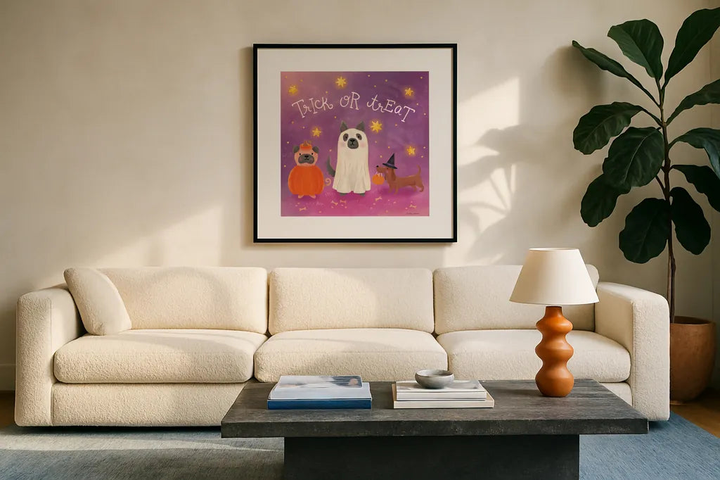 Spooky Pals IV by Lindley Wiesner. Displayed in a glass frame with matte in a clean modern living room. Available as an archival giclee rolled canvas, fine art paper, or poster print. SKU 99471a.
