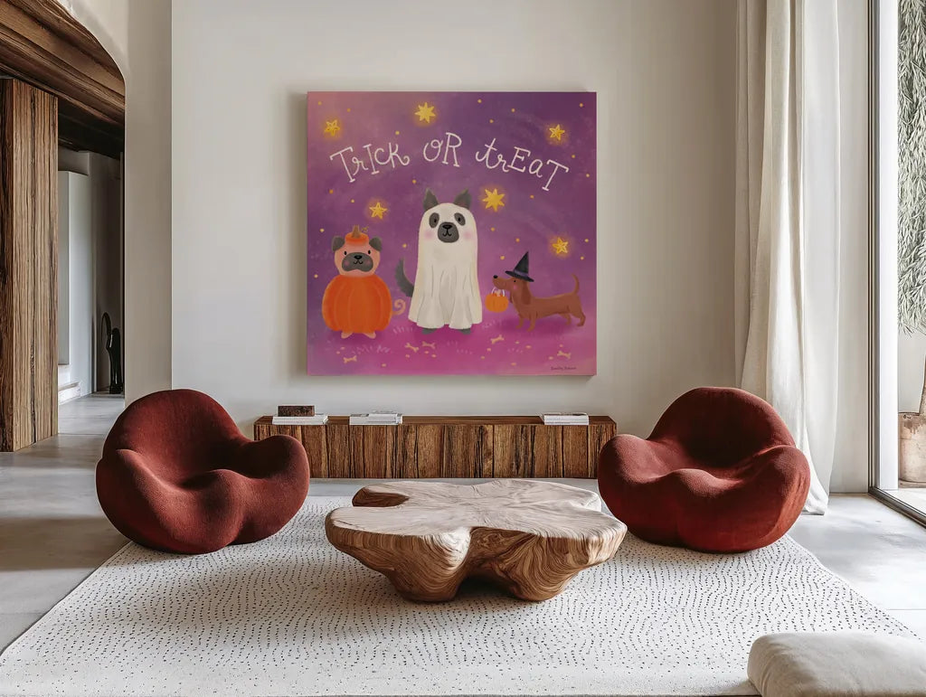 Spooky Pals IV by Lindley Wiesner. Shown as extra-large giant wall art in a modern living room. Available as an archival giclee rolled canvas, fine art paper, or poster print. SKU 99471a.