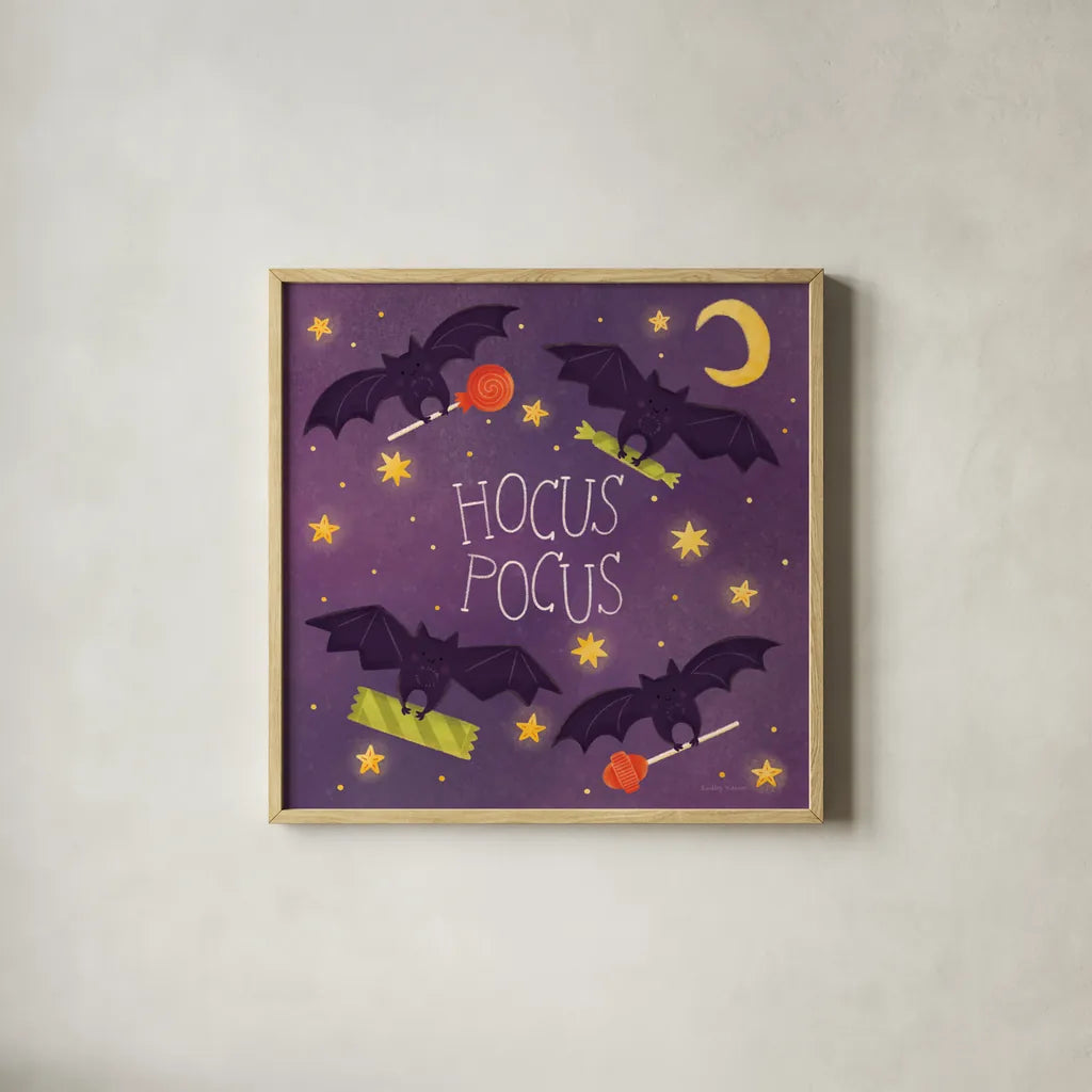 Spooky Pals V by Lindley Wiesner. Shown in a natural wood glass frame for a timeless modern aesthetic. Available as an archival giclee rolled canvas, fine art paper, or poster print. SKU 99472a.