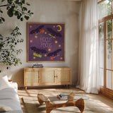 Spooky Pals V by Lindley Wiesner. Shown in a natural wood frame in a cozy modern living room. Available as an archival giclee rolled canvas, fine art paper, or poster print. SKU 99472a.