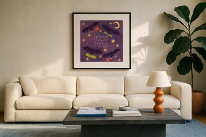 Spooky Pals V by Lindley Wiesner. Displayed in a glass frame with matte in a clean modern living room. Available as an archival giclee rolled canvas, fine art paper, or poster print. SKU 99472a.