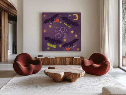 Spooky Pals V by Lindley Wiesner. Shown as extra-large giant wall art in a modern living room. Available as an archival giclee rolled canvas, fine art paper, or poster print. SKU 99472a.