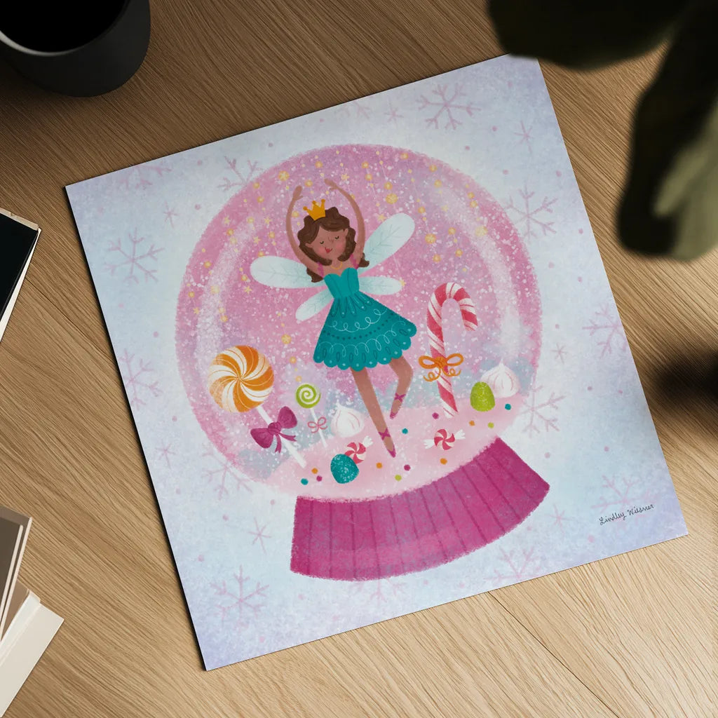 Sugar Plum Snowglobe by Lindley Wiesner. Shown as a detailed flat fine art print, highlighting archival giclee quality. Available as an archival giclee rolled canvas, fine art paper, or poster print. SKU 95980a.