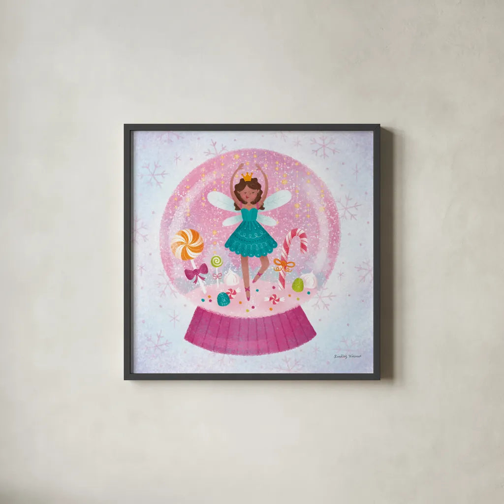 Sugar Plum Snowglobe by Lindley Wiesner. Shown in a sleek black glass frame for a contemporary gallery look. Available as an archival giclee rolled canvas, fine art paper, or poster print. SKU 95980a.