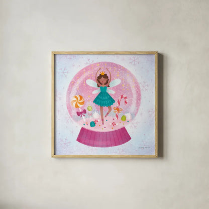 Sugar Plum Snowglobe by Lindley Wiesner. Shown in a natural wood glass frame for a timeless modern aesthetic. Available as an archival giclee rolled canvas, fine art paper, or poster print. SKU 95980a.