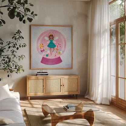 Sugar Plum Snowglobe by Lindley Wiesner. Shown in a natural wood frame in a cozy modern living room. Available as an archival giclee rolled canvas, fine art paper, or poster print. SKU 95980a.
