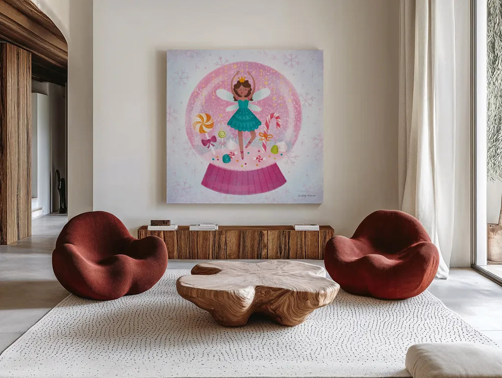 Sugar Plum Snowglobe by Lindley Wiesner. Shown as extra-large giant wall art in a modern living room. Available as an archival giclee rolled canvas, fine art paper, or poster print. SKU 95980a.