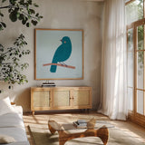 Sweet Songbirds I by Lindley Wiesner. Shown in a natural wood frame in a cozy modern living room. Available as an archival giclee rolled canvas, fine art paper, or poster print. SKU 98271a.