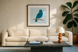 Sweet Songbirds I by Lindley Wiesner. Displayed in a glass frame with matte in a clean modern living room. Available as an archival giclee rolled canvas, fine art paper, or poster print. SKU 98271a.