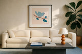 Sweet Songbirds III by Lindley Wiesner. Displayed in a glass frame with matte in a clean modern living room. Available as an archival giclee rolled canvas, fine art paper, or poster print. SKU 98273a.