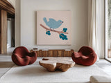 Sweet Songbirds III by Lindley Wiesner. Shown as extra-large giant wall art in a modern living room. Available as an archival giclee rolled canvas, fine art paper, or poster print. SKU 98273a.