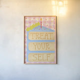 Treat Yourself by Lindley Wiesner. shown as a paper print in a natural frame. Available as a archival giclee rolled canvas, fine art paper, or poster print. SKU 100038h.