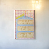 Treat Yourself by Lindley Wiesner. shown as a paper print in a white frame. Available as a archival giclee rolled canvas, fine art paper, or poster print. SKU 100038h.