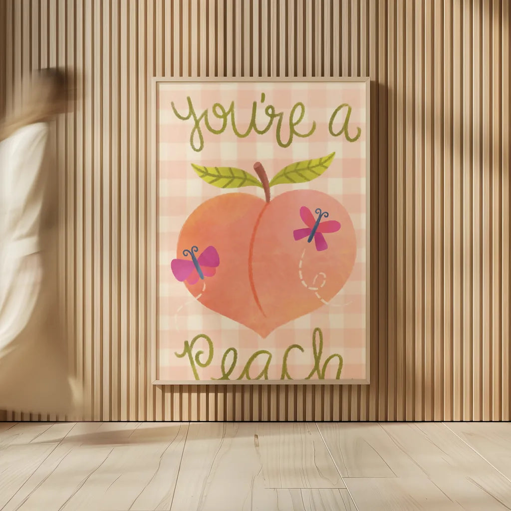 You're A Peach by Lindley Wiesner. shown as over sized large wall art. Available as an archival giclee rolled canvas, fine art paper, or poster print. SKU 100039h.