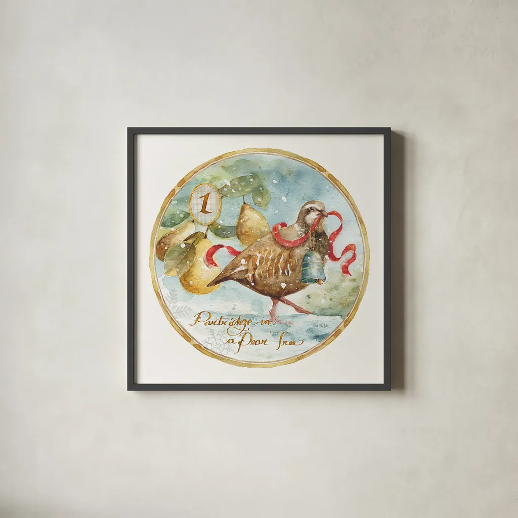 12 Days of Christmas I Round by Lisa Audit. Shown in a sleek black glass frame for a contemporary gallery look. Available as an archival giclee rolled canvas, fine art paper, or poster print. SKU 32427a.