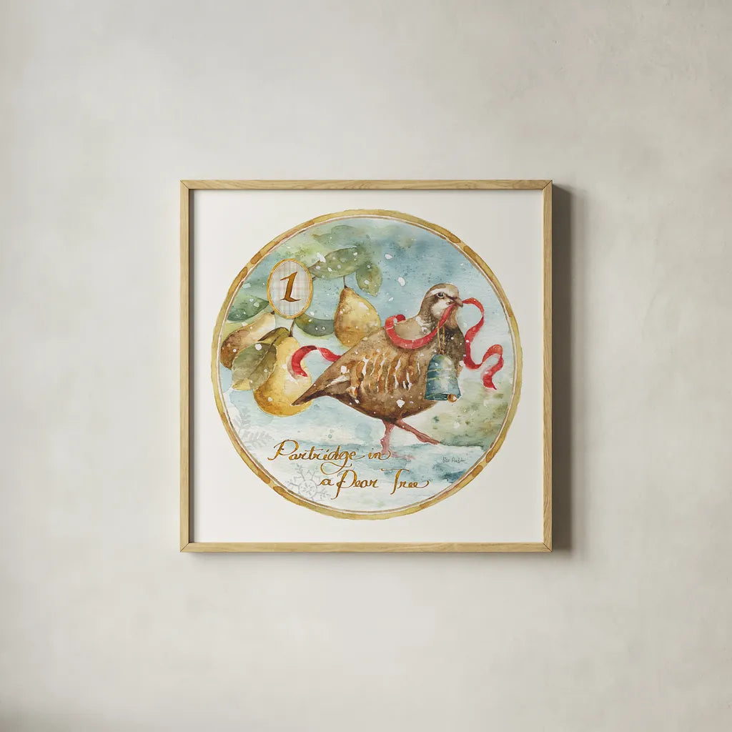 12 Days of Christmas I Round by Lisa Audit. Shown in a natural wood glass frame for a timeless modern aesthetic. Available as an archival giclee rolled canvas, fine art paper, or poster print. SKU 32427a.