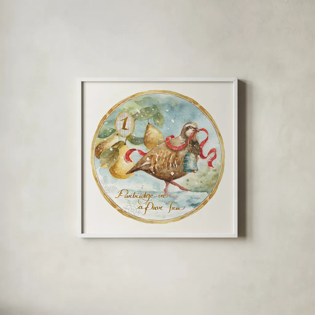 12 Days of Christmas I Round by Lisa Audit. Shown in a crisp white glass frame for a clean and minimalist style. Available as an archival giclee rolled canvas, fine art paper, or poster print. SKU 32427a.