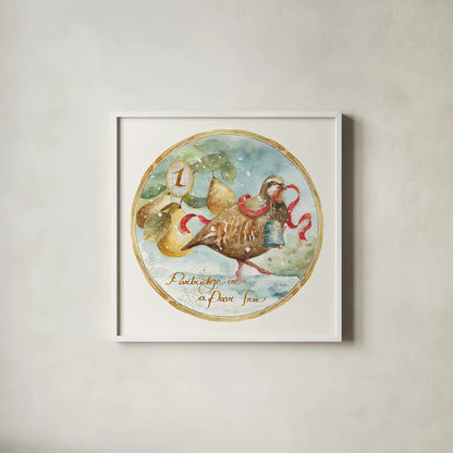 12 Days of Christmas I Round by Lisa Audit. Shown in a crisp white glass frame for a clean and minimalist style. Available as an archival giclee rolled canvas, fine art paper, or poster print. SKU 32427a.