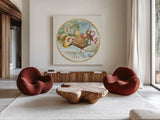 12 Days of Christmas I Round by Lisa Audit. Shown as extra-large giant wall art in a modern living room. Available as an archival giclee rolled canvas, fine art paper, or poster print. SKU 32427a.