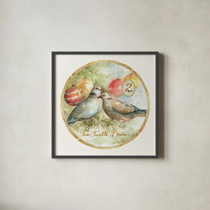 12 Days of Christmas II Round by Lisa Audit. Shown in a sleek black glass frame for a contemporary gallery look. Available as an archival giclee rolled canvas, fine art paper, or poster print. SKU 32428a.