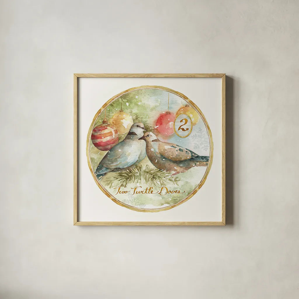 12 Days of Christmas II Round by Lisa Audit. Shown in a natural wood glass frame for a timeless modern aesthetic. Available as an archival giclee rolled canvas, fine art paper, or poster print. SKU 32428a.