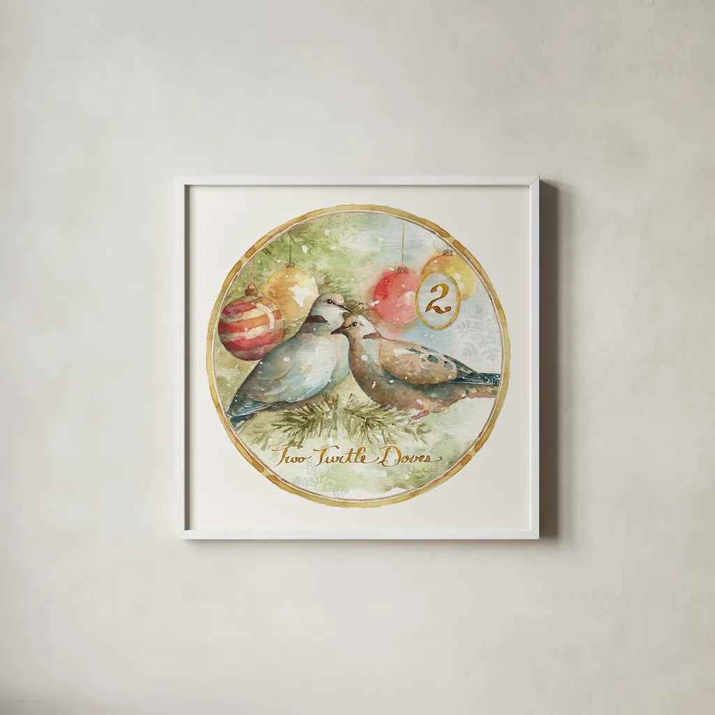 12 Days of Christmas II Round by Lisa Audit. Shown in a crisp white glass frame for a clean and minimalist style. Available as an archival giclee rolled canvas, fine art paper, or poster print. SKU 32428a.