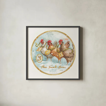 12 Days of Christmas III Round by Lisa Audit. Shown in a sleek black glass frame for a contemporary gallery look. Available as an archival giclee rolled canvas, fine art paper, or poster print. SKU 32429a.