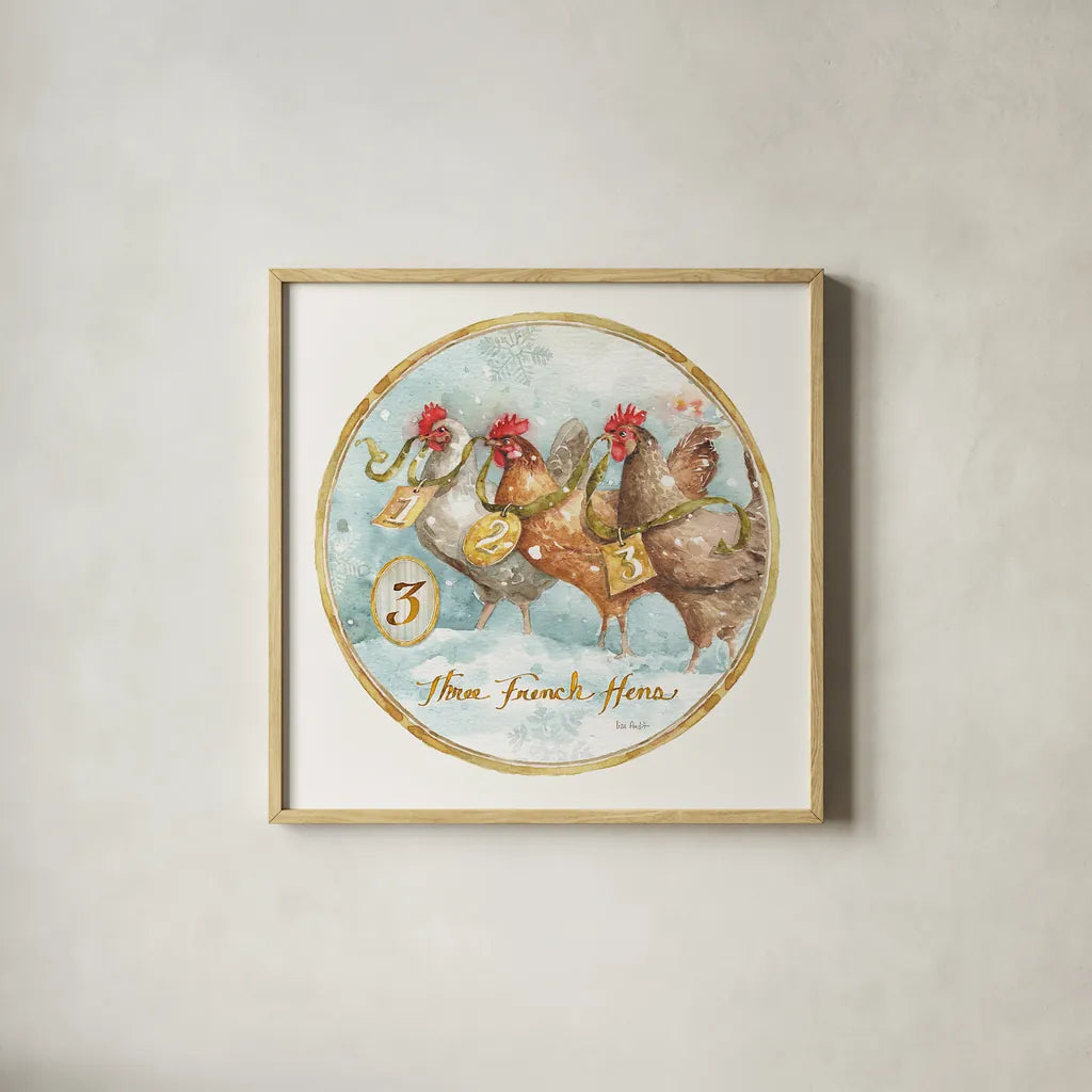 12 Days of Christmas III Round by Lisa Audit. Shown in a natural wood glass frame for a timeless modern aesthetic. Available as an archival giclee rolled canvas, fine art paper, or poster print. SKU 32429a.