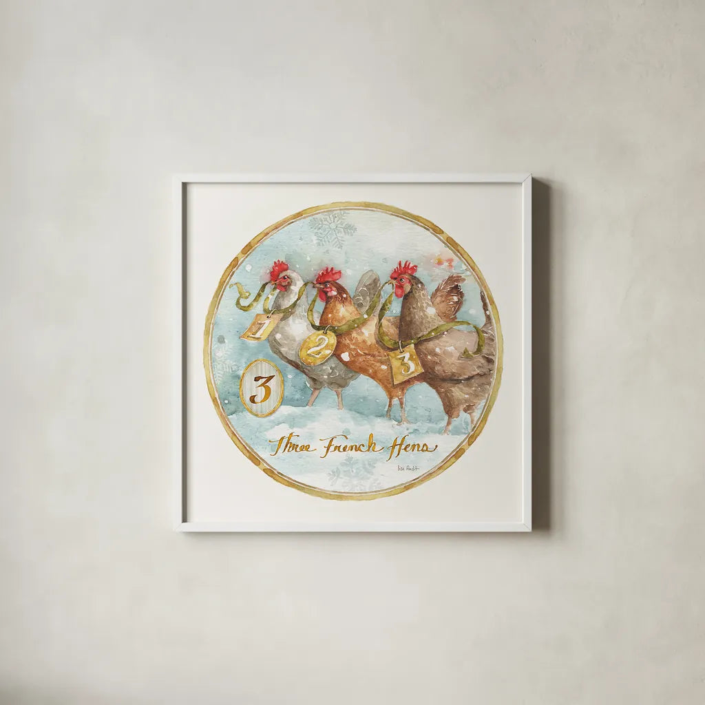 12 Days of Christmas III Round by Lisa Audit. Shown in a crisp white glass frame for a clean and minimalist style. Available as an archival giclee rolled canvas, fine art paper, or poster print. SKU 32429a.