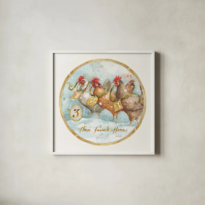 12 Days of Christmas III Round by Lisa Audit. Shown in a crisp white glass frame for a clean and minimalist style. Available as an archival giclee rolled canvas, fine art paper, or poster print. SKU 32429a.