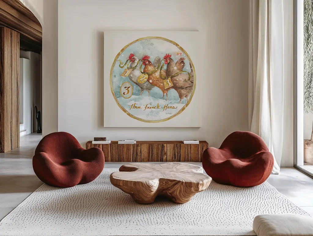 12 Days of Christmas III Round by Lisa Audit. Shown as extra-large giant wall art in a modern living room. Available as an archival giclee rolled canvas, fine art paper, or poster print. SKU 32429a.