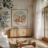 12 Days of Christmas IV Round by Lisa Audit. Shown in a natural wood frame in a cozy modern living room. Available as an archival giclee rolled canvas, fine art paper, or poster print. SKU 32430a.