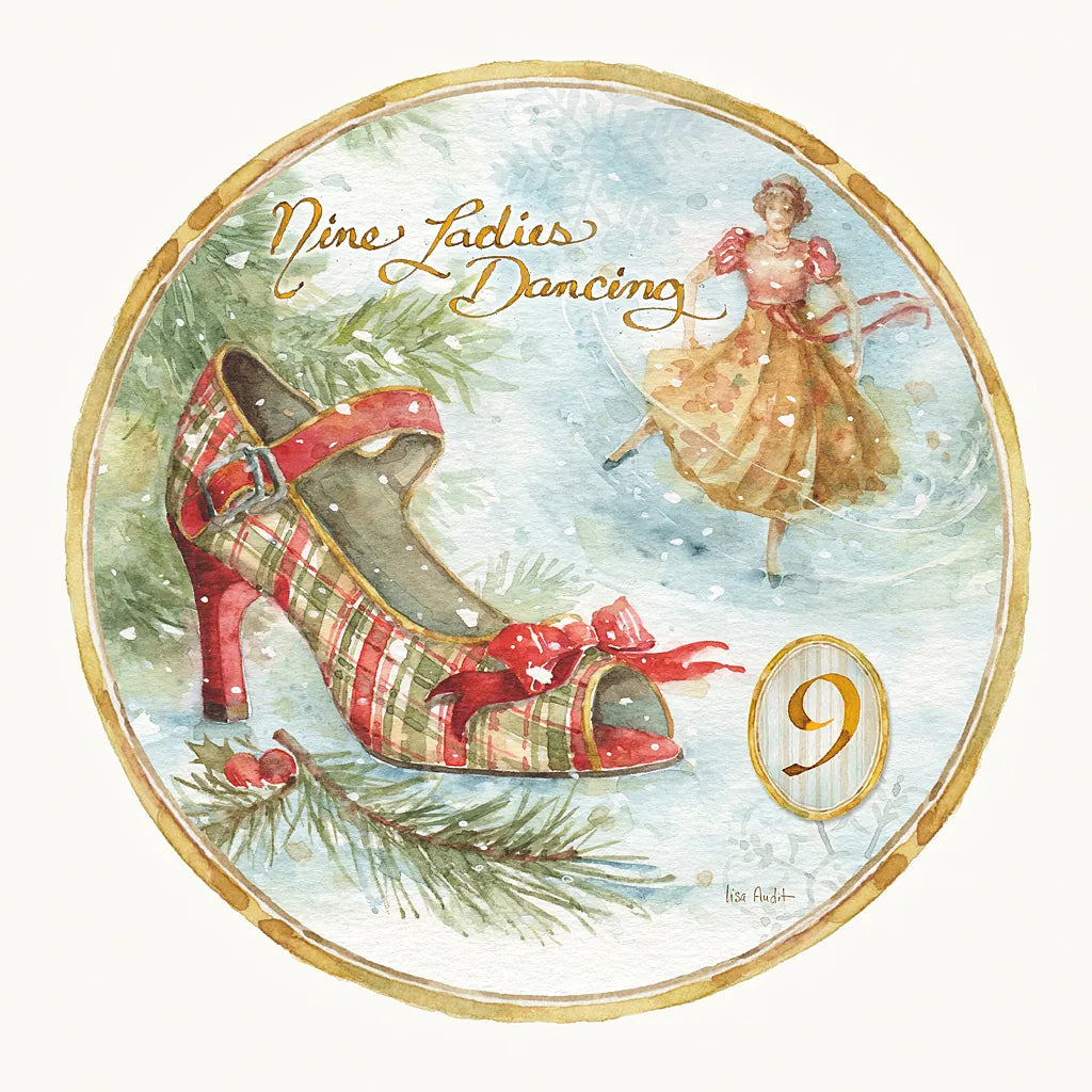 12 Days of Christmas IX Round by Lisa Audit. SKU 32431a. Archival Giclee Fine art print for wall decor.