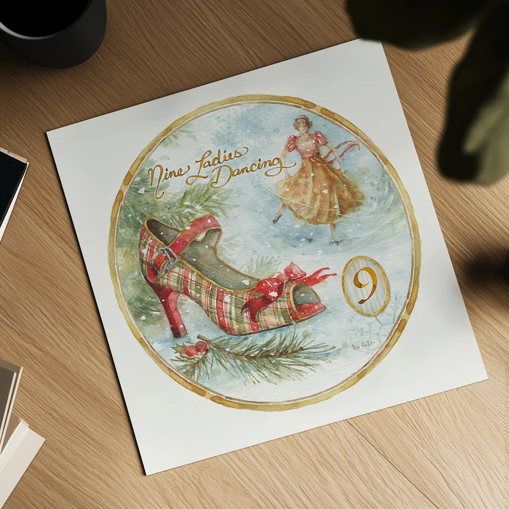 12 Days of Christmas IX Round by Lisa Audit. Shown as a detailed flat fine art print, highlighting archival giclee quality. Available as an archival giclee rolled canvas, fine art paper, or poster print. SKU 32431a.
