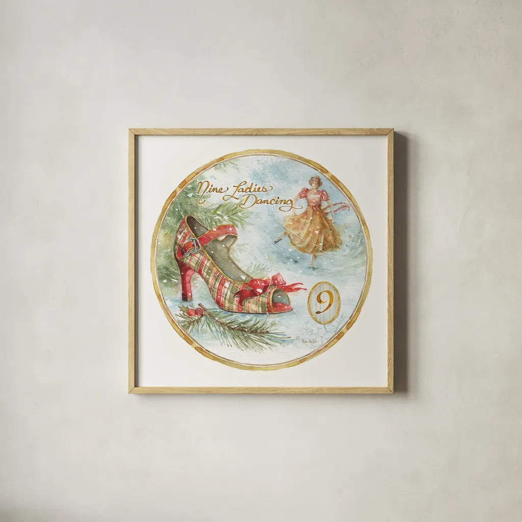 12 Days of Christmas IX Round by Lisa Audit. Shown in a natural wood glass frame for a timeless modern aesthetic. Available as an archival giclee rolled canvas, fine art paper, or poster print. SKU 32431a.