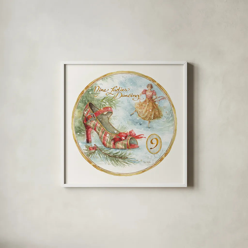 12 Days of Christmas IX Round by Lisa Audit. Shown in a crisp white glass frame for a clean and minimalist style. Available as an archival giclee rolled canvas, fine art paper, or poster print. SKU 32431a.