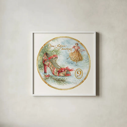12 Days of Christmas IX Round by Lisa Audit. Shown in a crisp white glass frame for a clean and minimalist style. Available as an archival giclee rolled canvas, fine art paper, or poster print. SKU 32431a.