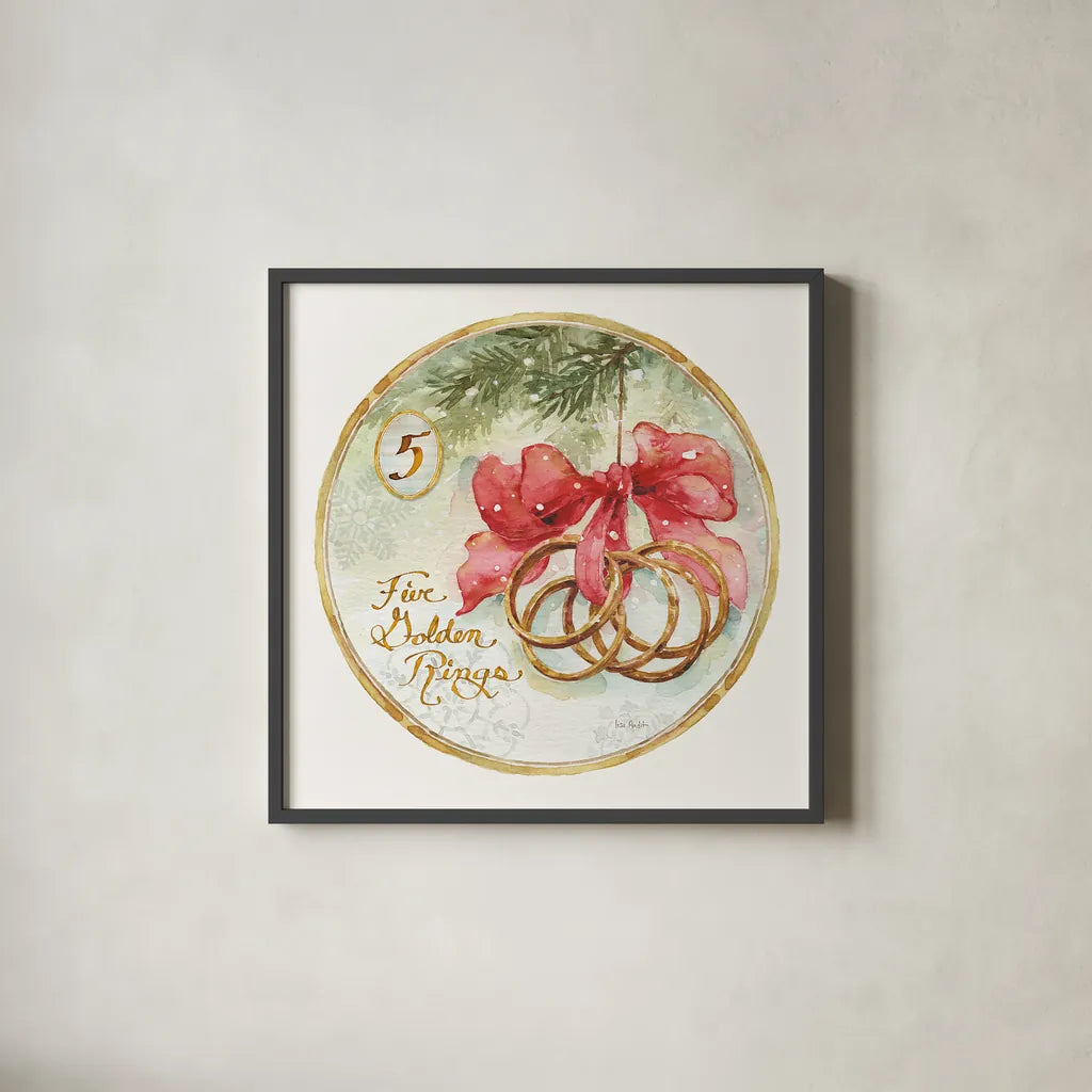 12 Days of Christmas V Round by Lisa Audit. Shown in a sleek black glass frame for a contemporary gallery look. Available as an archival giclee rolled canvas, fine art paper, or poster print. SKU 32432a.