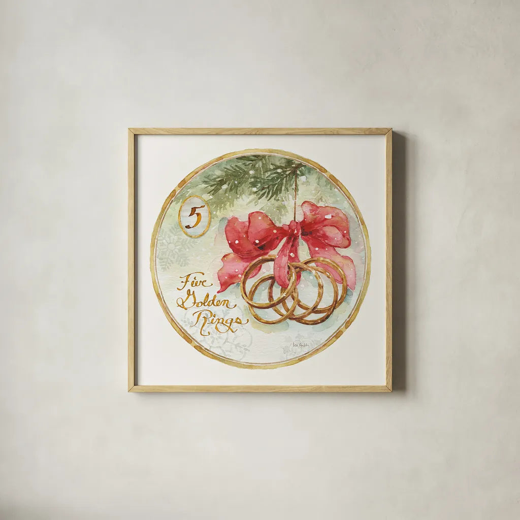 12 Days of Christmas V Round by Lisa Audit. Shown in a natural wood glass frame for a timeless modern aesthetic. Available as an archival giclee rolled canvas, fine art paper, or poster print. SKU 32432a.