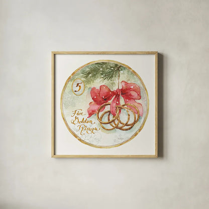 12 Days of Christmas V Round by Lisa Audit. Shown in a natural wood glass frame for a timeless modern aesthetic. Available as an archival giclee rolled canvas, fine art paper, or poster print. SKU 32432a.