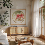 12 Days of Christmas V Round by Lisa Audit. Shown in a natural wood frame in a cozy modern living room. Available as an archival giclee rolled canvas, fine art paper, or poster print. SKU 32432a.