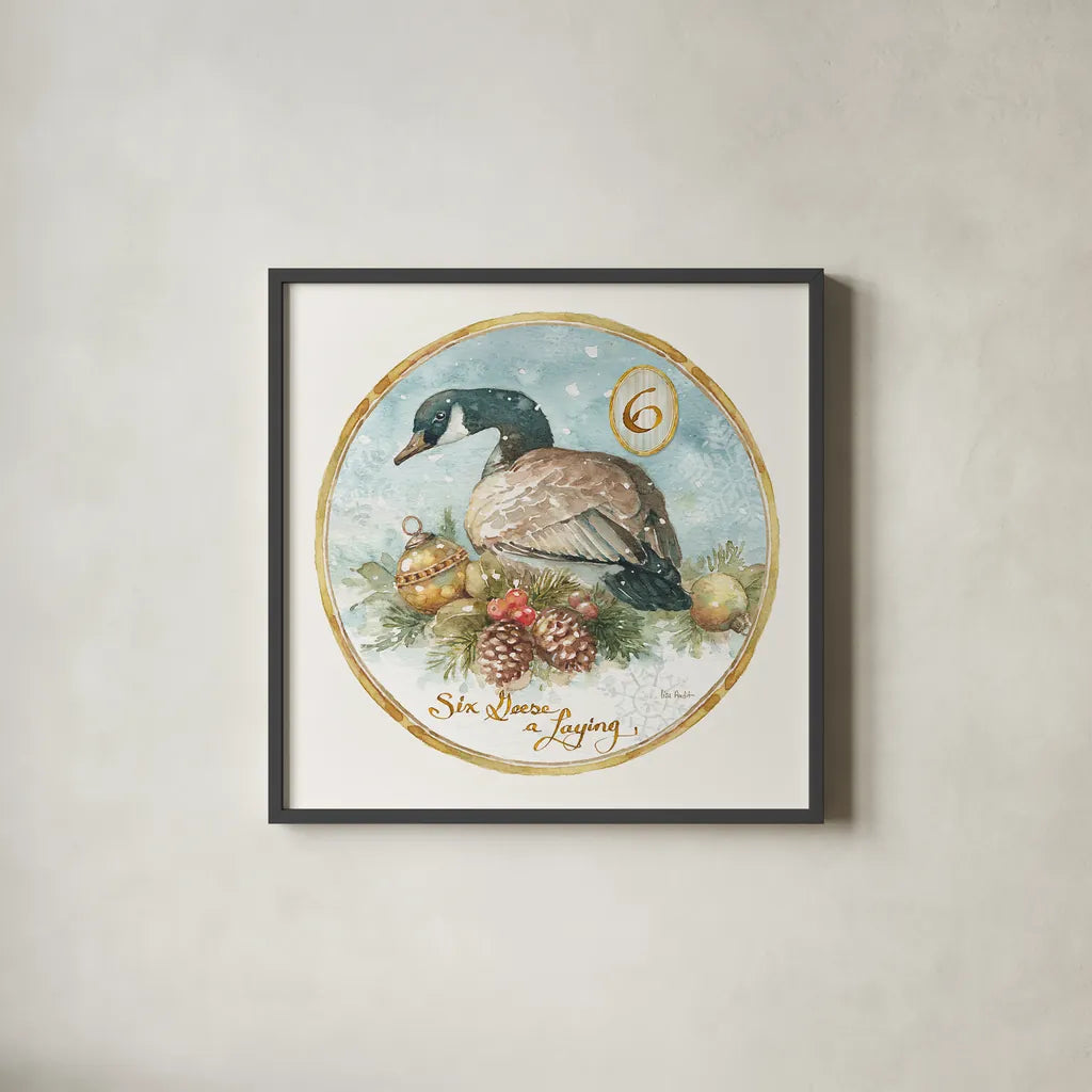 12 Days of Christmas VI Round by Lisa Audit. Shown in a sleek black glass frame for a contemporary gallery look. Available as an archival giclee rolled canvas, fine art paper, or poster print. SKU 32433a.