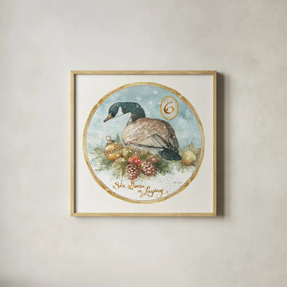 12 Days of Christmas VI Round by Lisa Audit. Shown in a natural wood glass frame for a timeless modern aesthetic. Available as an archival giclee rolled canvas, fine art paper, or poster print. SKU 32433a.